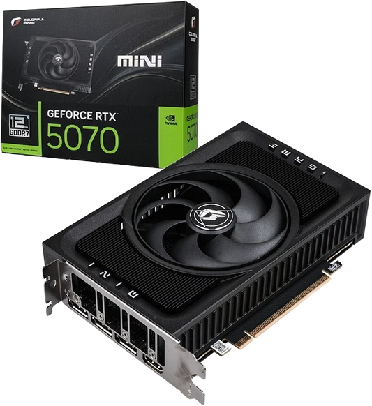 NVIDIA GeForce RTX 5070 graphics card with packaging on a white background